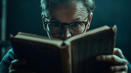 A storytelling capture of a teacher adjusting their glasses as they read from a thick textbook, their tone commanding but approachable.