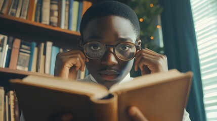 A storytelling capture of a teacher adjusting their glasses as they read from a thick textbook, their tone commanding but approachable.