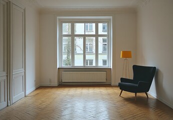 Minimalistic Living Room with Natural Light Featuring a Dark Blue Armchair and a Modern Floor Lamp in a Neutral Color Palette