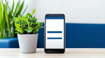 A smartphone displaying a blank screen sits next to a potted plant on a wooden table, against a blue background.