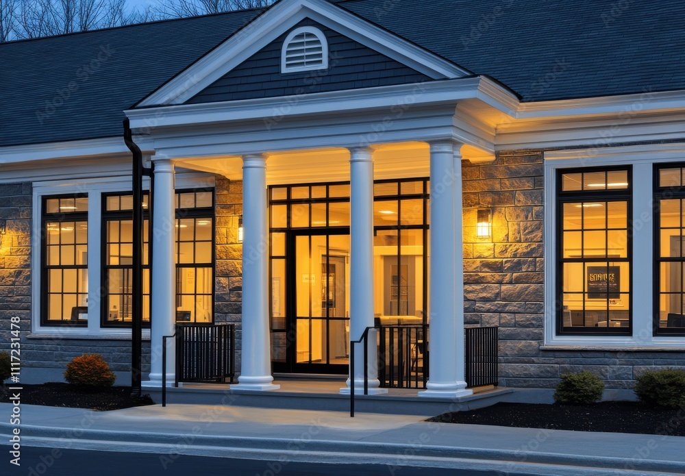 Poster modern architectural design of a stylish building entrance with elegant columns and warm lighting du