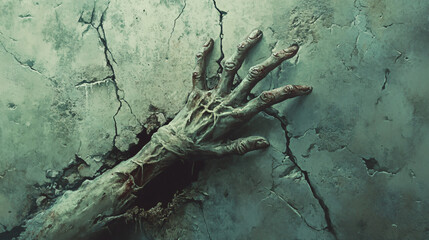 A zombie climbing out of a cracked tomb, with its decayed hand grasping the edge.