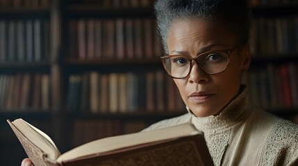 A cinematic frame of a teacher turning the pages of a large textbook, their serious expression reflecting their dedication to imparting knowledge.