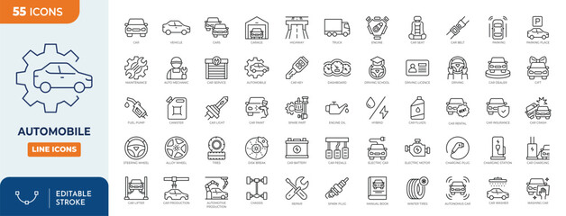 Automobile line editable icon set. Containing icons related to car, vehicle, auto, car part and more.  Editable stroke. Vector illustration	