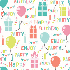 Happy birthday typography seamless pattern, celebration gift vector illustration, gift, balloon, candle, typography, letters, stationery, aesthetic