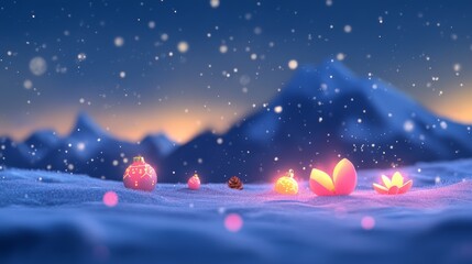 Christmas ornaments and glowing lights in snowy landscape
