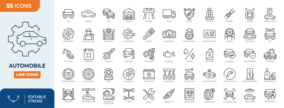 Automobile icon set. Containing icons related to car, vehicle, auto, car part and more. Outline Icon Collection. Editable stroke. Vector illustration	