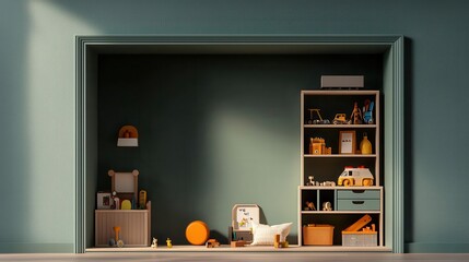 Playroom with a builtin stage, toy storage in pullout drawers, and theaterinspired decor, encouraging dramatic play