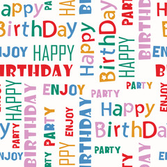 Happy birthday typography seamless pattern, celebration gift vector illustration, gift, balloon, candle, typography, letters, stationery, aesthetic