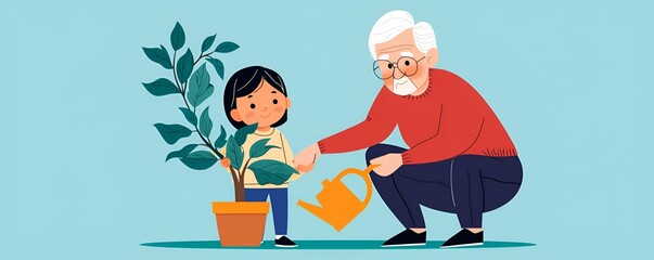 Family generation well-being values concept. A child and grandparent joyfully gardening together, nurturing a young plant.