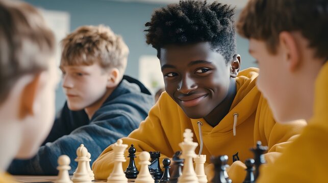 A cinematic frame of a group of teenagers playing chess during a club meeting, strategizing their moves carefully.