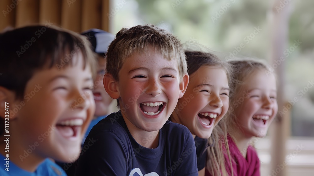 Poster a dynamic capture of students laughing and sharing stories during a show and tell session.