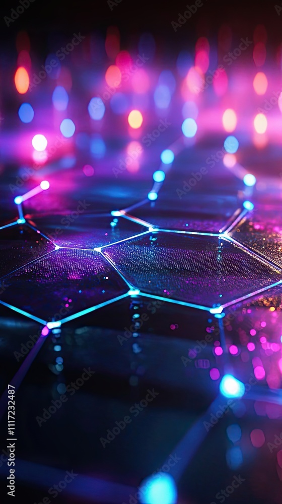 Poster abstract hexagonal network with vivid neon lights