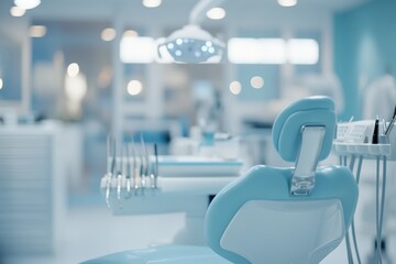 Modern Dental Clinic Interior with Light Blue Decorations and Comfortable Dental Chair Ready for Patient Visits in a Clean and Bright Environment