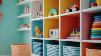 Toy room with alphabetthemed decor, educational toys stored on open shelves, and bright primary colors, promoting learning