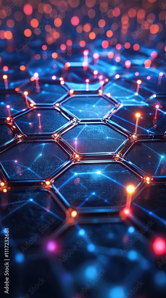 Poster abstract hexagonal network with glowing nodes and connections