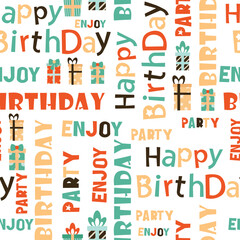 Happy birthday typography seamless pattern, celebration gift vector illustration, gift, balloon, candle, typography, letters, stationery, aesthetic