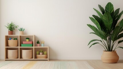 Montessoriinspired playroom with low shelves, educational toys, and organized storage boxes, designed for independent learning