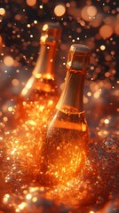 Two champagne bottles in sparkling liquid.