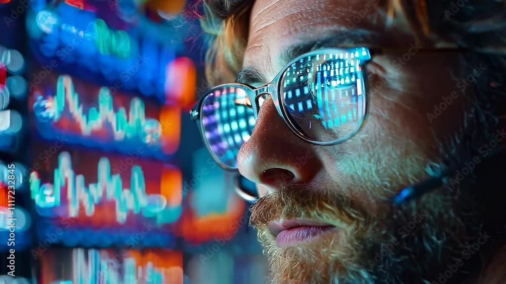 Poster focused trader analyzing data in a high-tech environment