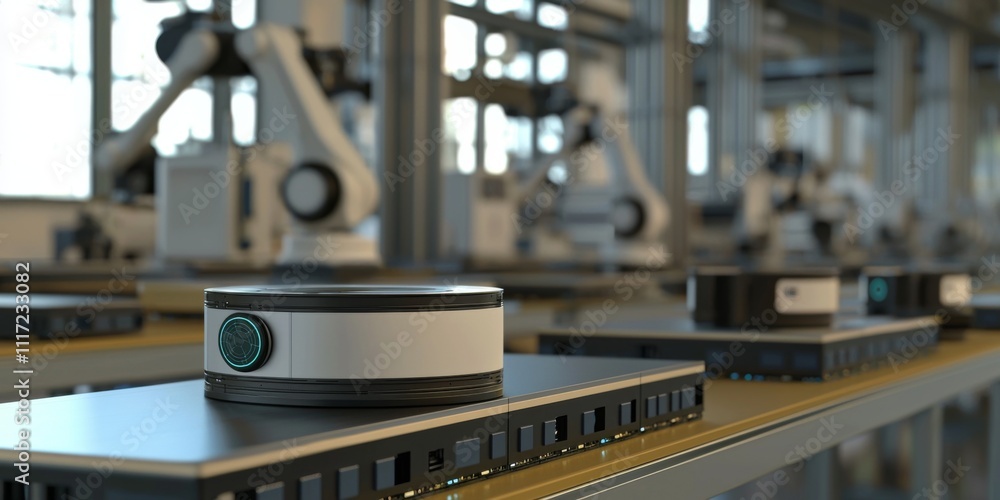 Fototapete smart factory automated assembly line with industrial robots iot sensors