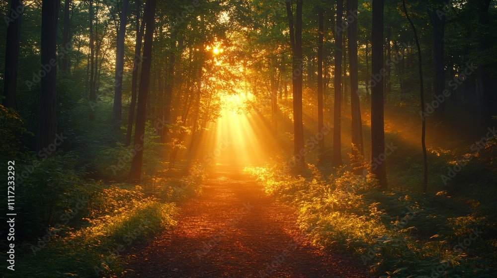 Poster A tranquil forest path is illuminated by warm golden sunlight as it streams through the trees, creating a peaceful and inviting atmosphere in the early morning.