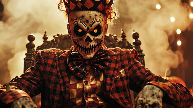 Spooky Halloween Character with Skull Mask and Pumpkin Decor in Atmospheric Setting