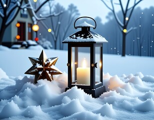 Winter Lantern Snow Scene Christmas Candlelight Festive Star