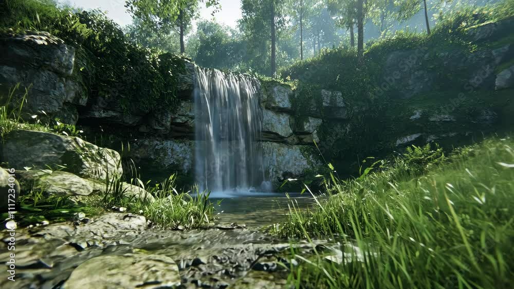 Poster waterfall cascading down rocks in a serene forest setting during daytime