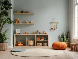 Playroom with low, accessible shelves for toy organization, large play mats, and vibrant wall decals, promoting selfdirected play