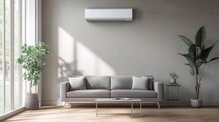 Modern Living Room with Air Conditioning Unit, Green Plants, Cozy Sofa, and Natural Light Creating a Relaxing Interior Space for Contemporary Home Design