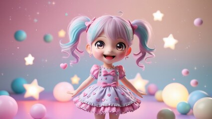 Fototapeta premium Adorable 3D Render of a Cute Kawaii Girl in a Pastel Dress Surrounded by Stars and Floating Spheres in a Dreamy Pink Setting