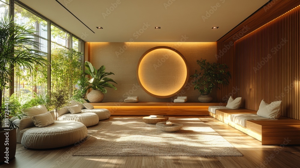 Poster a serene lounge showcases minimalistic design with soft seating, warm lighting, and lush greenery, c