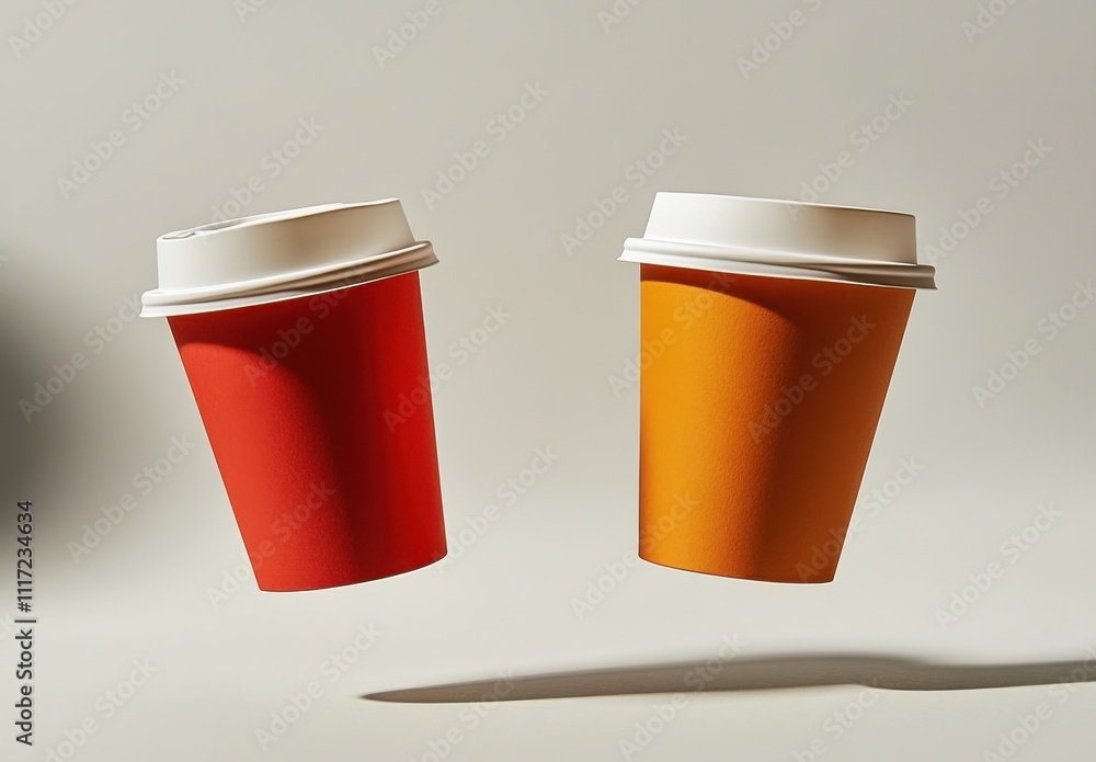 Poster modern minimalistic display of two floating coffee cups in bold red and bright orange colors against