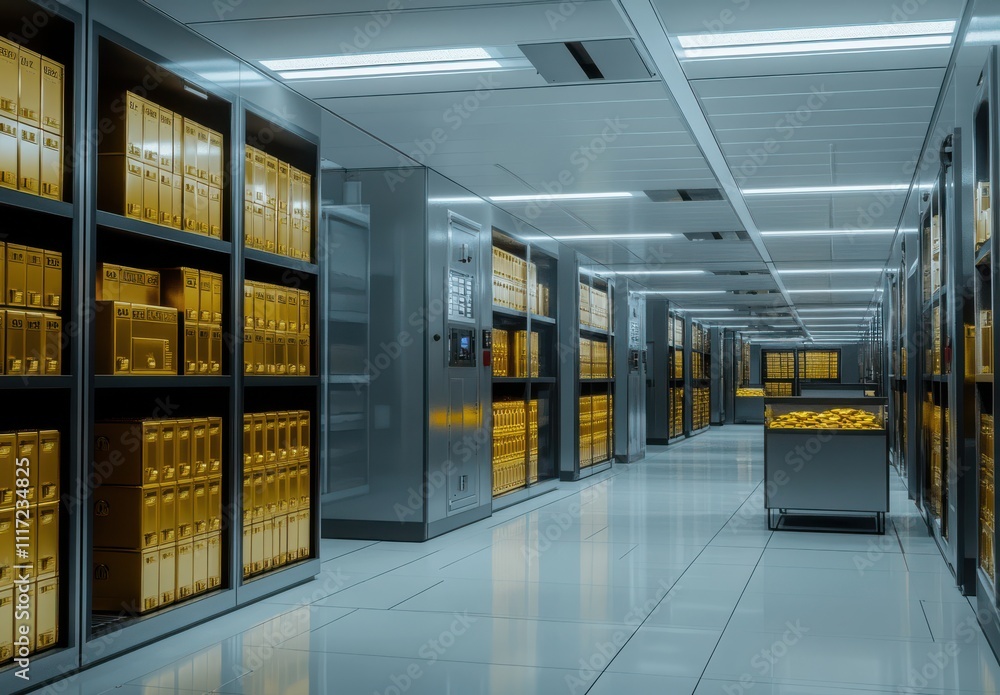 Poster modern secure vault interior with rows of metallic shelves containing golden boxes and file folders 