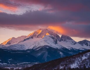 sunset in the mountains Snow-covered mountain peak illuminated by the sunrise, showcasing a stunning natural landscape with vibrant colors in a serene winter scene. iceberg