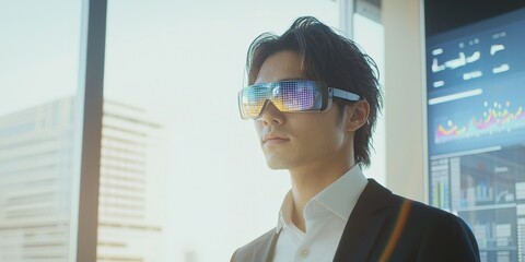 Businessman Using AR Glasses 5G Holographic Data Office