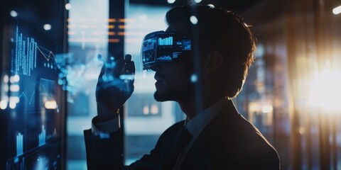 Businessman Using AR Glasses 5G Holographic Charts Corporate Office High Resolution
