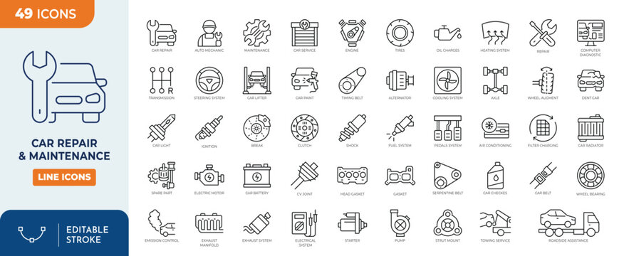 Car Repair icon set. Car service and Maintenance icon. Containing repair, maintenance, inspection, parts, units, elements and more. Outline Icon Collection. Editable stroke. Vector illustration	