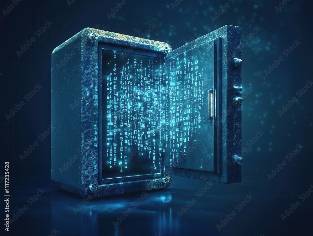 Poster mysterious metallic safe with open door emitting glowing digital data in a dark and enigmatic enviro