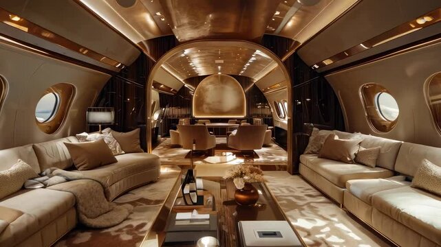 Luxurious private jet interior with elegant furnishings