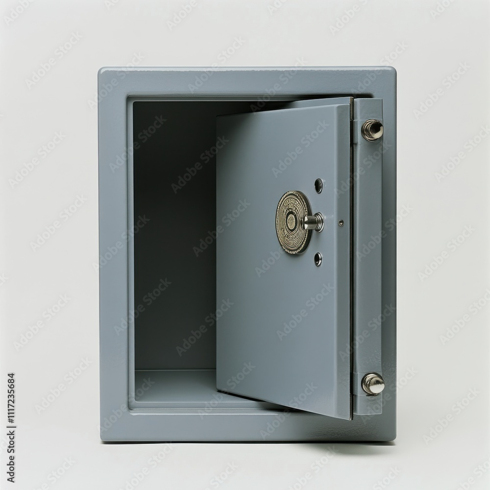 Poster open grey safe with circular lock mechanism showing empty interior, representing security, protectio