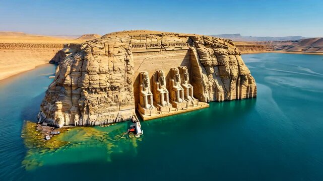 The Majestic Abu Simbel Temples, a Marvel of Ancient Egypt, Partially Submerged in Lake Nasser's Turquoise Waters