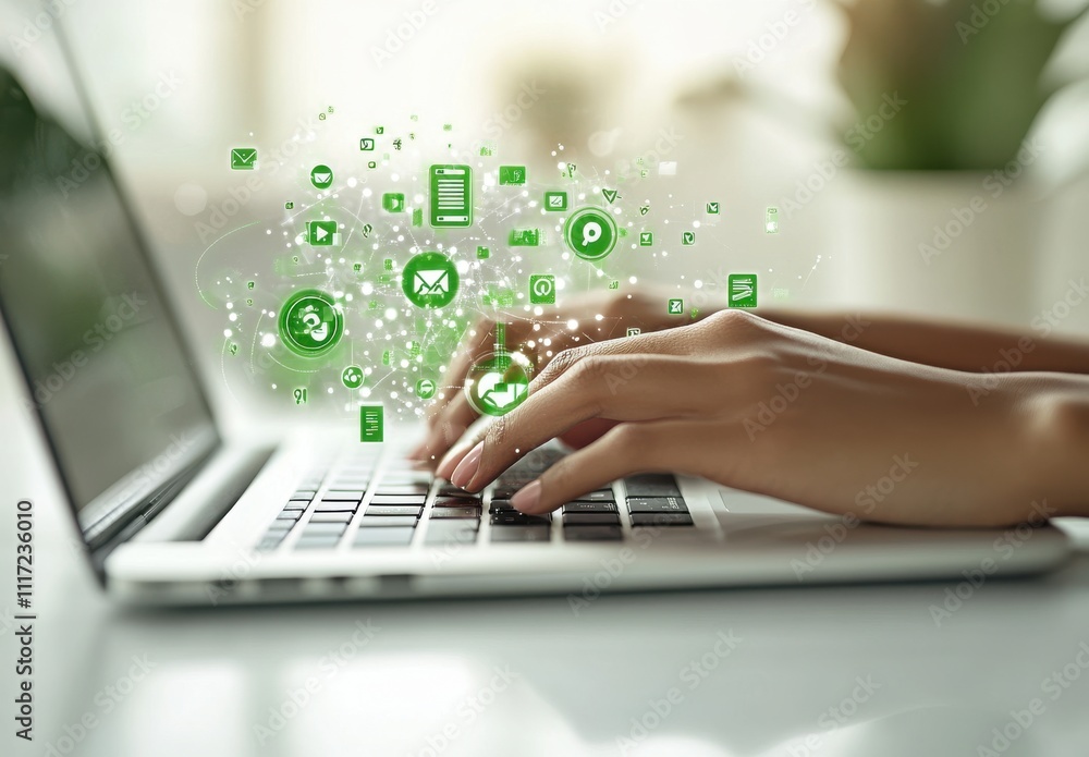 Poster person typing on laptop with digital communication icons floating above, representing online network