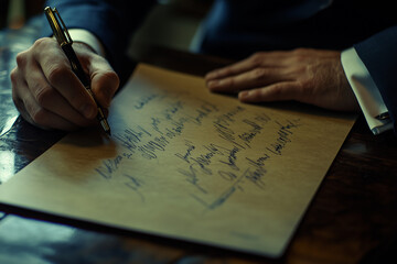 Naklejka premium Selective focus businessman sign their contact on paper with pen, Close up shot businessman signature to accept contact.