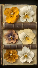 Pressed pansies arranged on antique book.