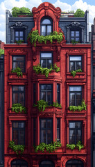 Red brick building with green plants on balconies.