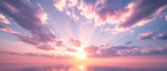 Obraz premium A serene sunset over calm waters, with rays of light breaking through colorful clouds.