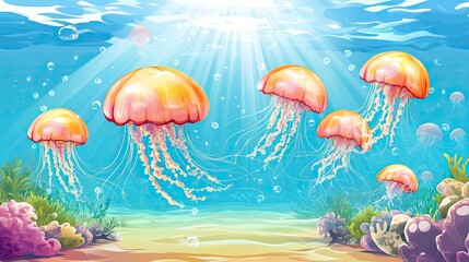 Orange Jellyfish Swim Beneath Ocean Sunlight