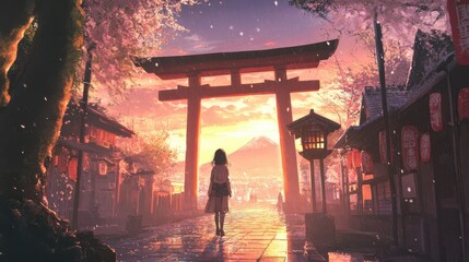 Girl walks towards sunset at Japanese Torii gate.